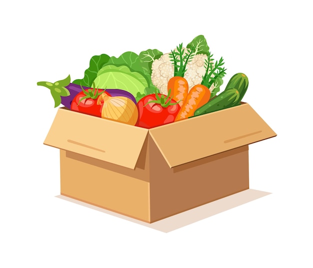 Vegetales frescos en una caja para la entrega