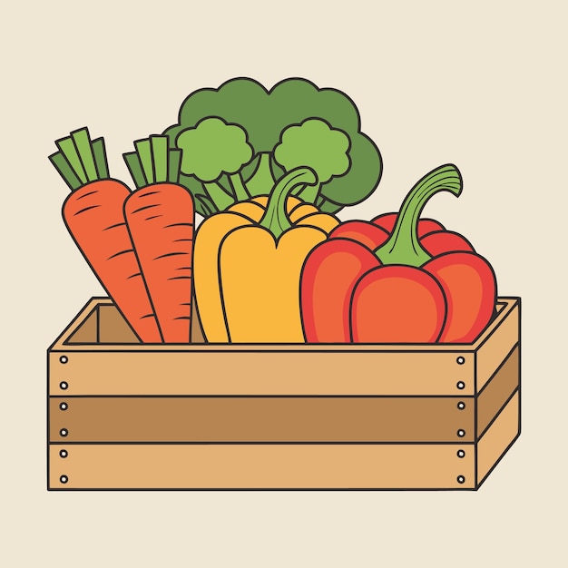Vegetales frescos en cajas de madera