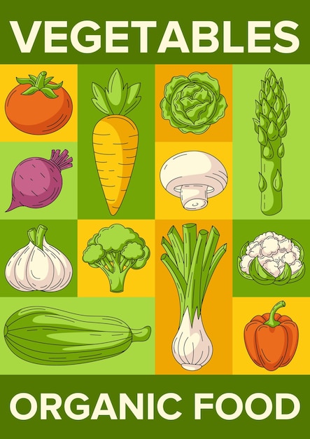 Vegetales frescos y saludables de la granja cosechando alimentos orgánicos Cartel vertical moderno geométrico vectorial
