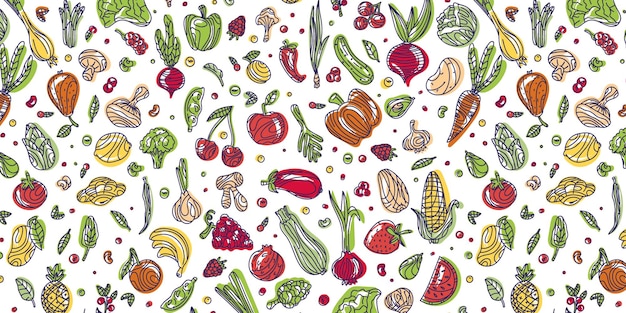 Vegetales y frutas de color patrón de garabateo dibujado a mano sin costuras en fondo oscuro