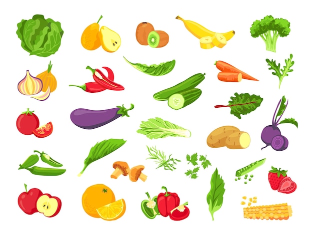 Vegetales y frutas. Comida vegetariana fresca, verduras, ensaladas, frutas verdes, tropicales y bayas. Conjunto de vector de granja vegana saludable. Ilustración de agricultura vegetariana, tomate y pepino, pimiento y ajo