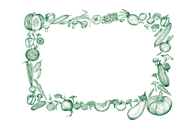 Vegetales y frutas Diseño de marcos Esbozo vegetariano Ilustración dibujada a mano Cosecha vegetarianismo Bandera verde de comida saludable nutrición adecuada