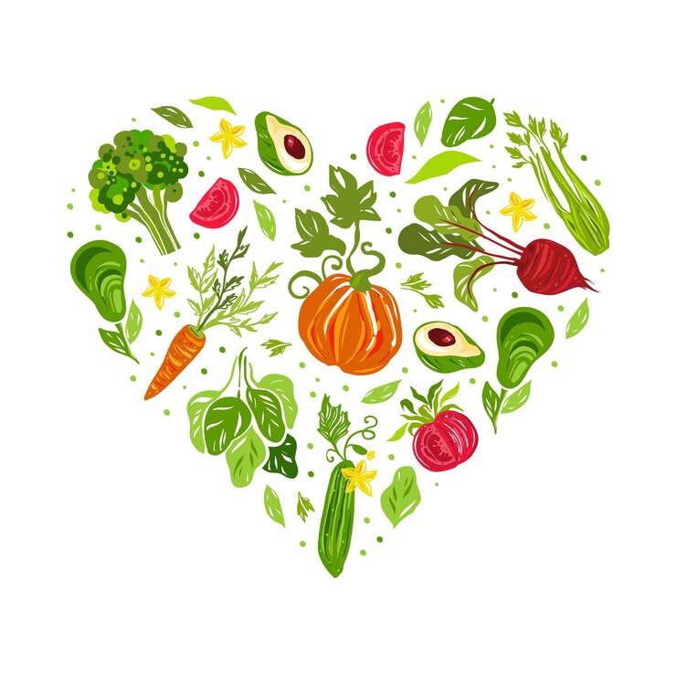 Vector vegetales jugosos composición de corazones dibujados a mano con plantilla vectorial de nutrición estacional cruda