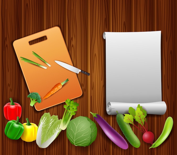 Vector vegetales en la mesa con papel y un cuchillo en una tabla de cortar vector