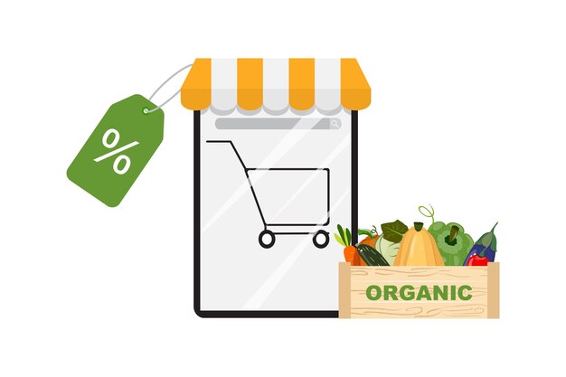 Vegetales orgánicos en una caja de madera junto a un teléfono móvil con un icono de carrito de compras