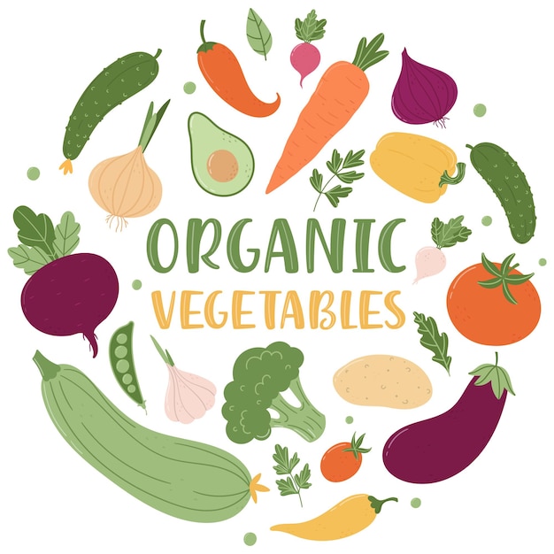 Vegetales orgánicos. Composición redonda de una variedad de verduras frescas y una inscripción.