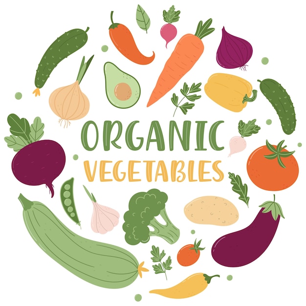 Vegetales orgánicos. composición redonda de una variedad de verduras frescas y una inscripción.