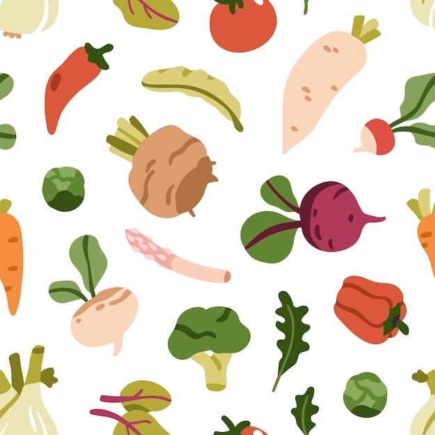 Vegetales patrón sin costuras Fondo de la cosecha de la granja textura interminable Vegetales de alimentos orgánicos naturales impresión repetida para diseño de envoltura textil F Ilustración vectorial plana imprimible