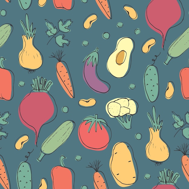 Vegetales patrón sin costuras vegetariano fondo de alimentos biológicos saludables Ilustración vectorial