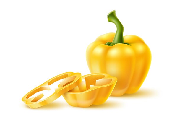 Vegetales realistas Alimentos agrícolas en 3D Productos agrícolas frescos Pimienta amarilla entera y en rodajas Nutrición saludable Ensalada pimentón círculo cortado en piezas Ingrediente crudo de cocina natural vectorial