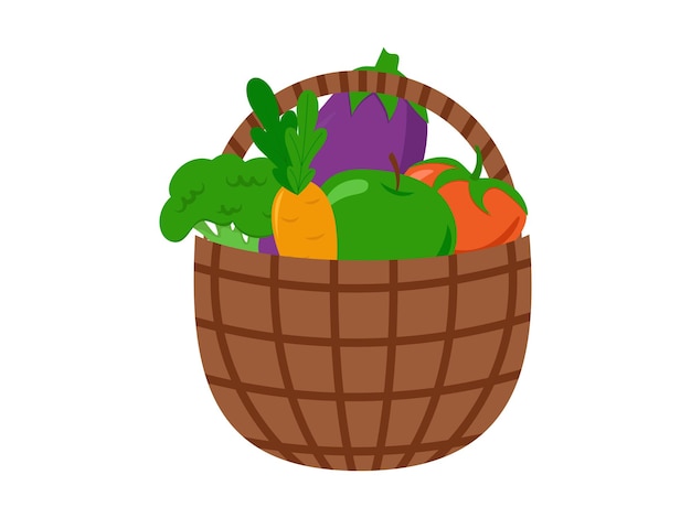 Vegetales saludables en la canasta Ilustración vectorial de alimentos saludables brillantes