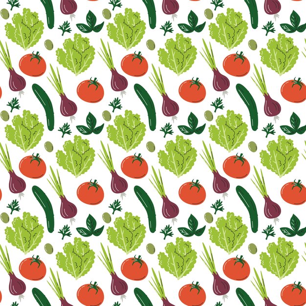 Vegetales verdes frescos patrón sin costuras ingredientes de ensalada de verano dibujo vectorial plano dibujado a mano