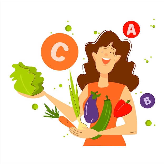 Vegetariana, niña, con, verduras, rodeado, por, redondo, vitaminas, icons., vector, plano, caricatura