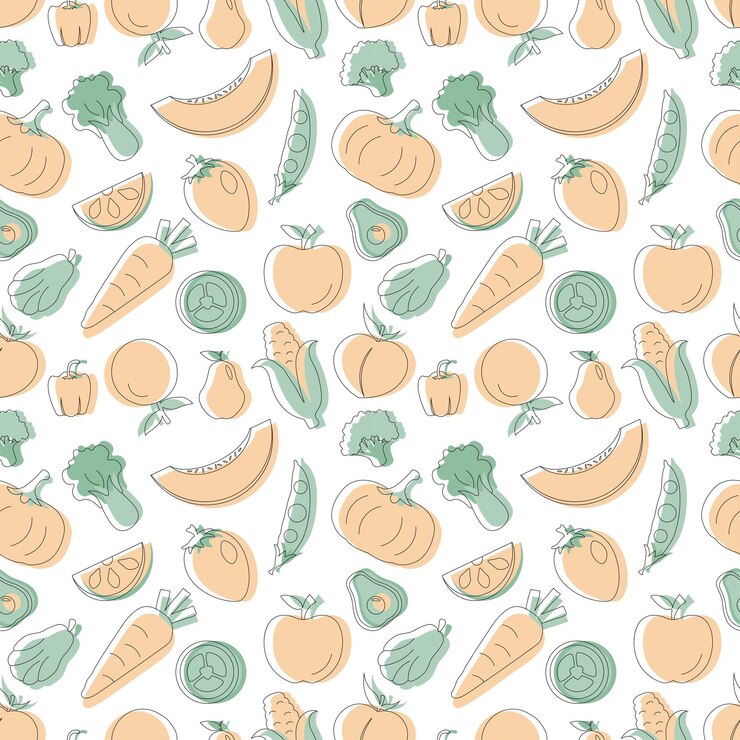 Vector vegetariano, frutas y verduras diseño de patrones sin fisuras ilustración de fondo de dibujos animados planos