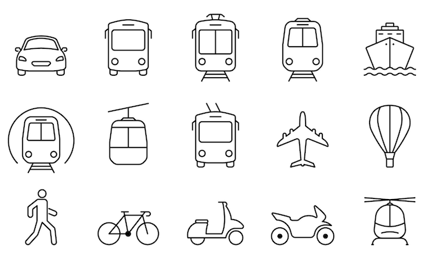 Vehículo aire ferrocarril bicicleta transporte línea icono coche autobús tranvía tren metro avión nave pictograma lineal