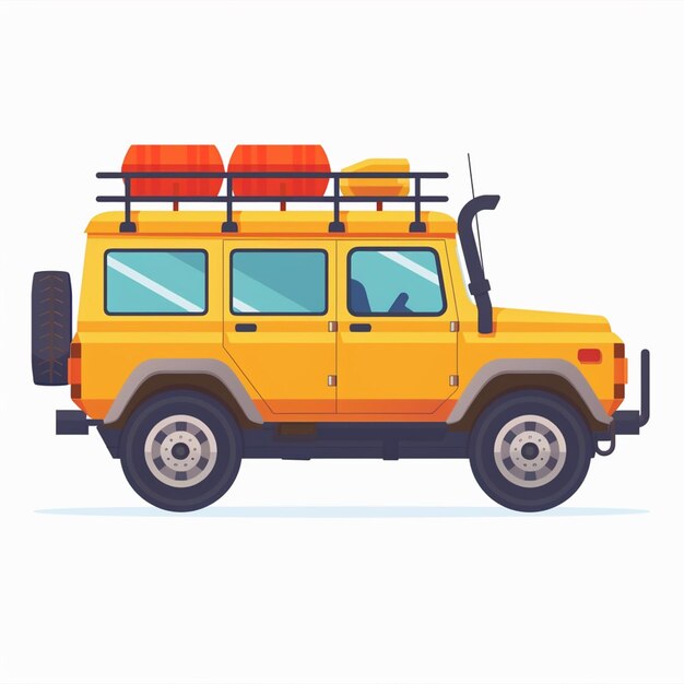 un vehículo amarillo con una tapa roja y naranja que dice camper en la parte superior