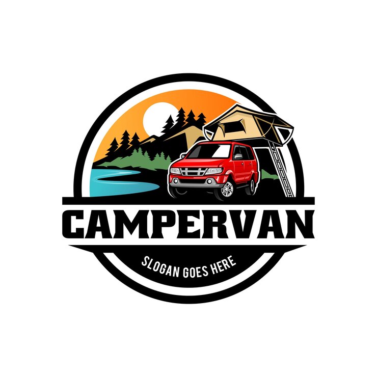 Vector vehículo de autocaravana rv con vector de logotipo de ilustración de carpa de techo