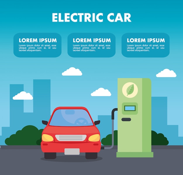 Vehículo eléctrico en plantilla de carretera de estación de carga