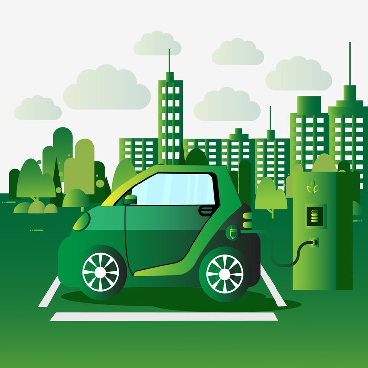 Vector vehículo eléctrico vechicle que carga en la estación eco friendly auto concept