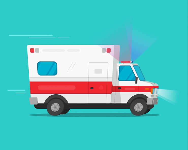Vector vehículo de emergencia para ambulancia que se mueve rápido con luces intermitentes o automóvil médico con sirena
