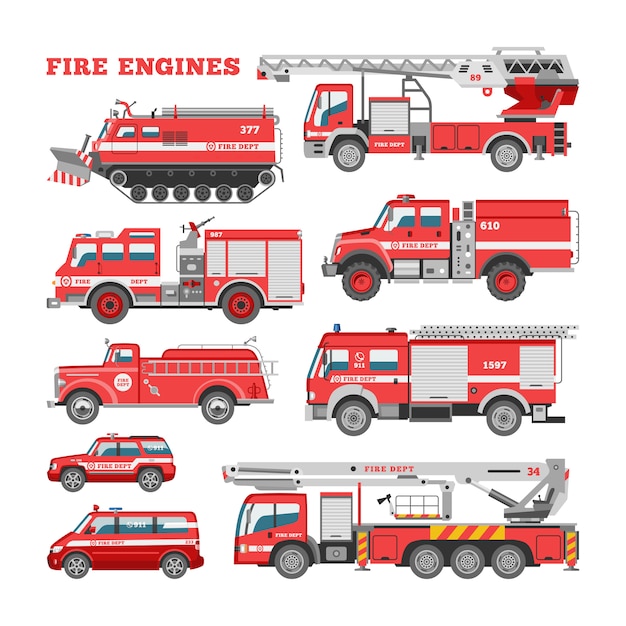 Vehículo de emergencia de bomberos de bomberos o camión de bomberos rojo con conjunto de ilustración de manguera de bomberos y escalera de coche de bomberos o transporte de bomberos sobre fondo blanco