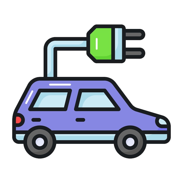 Vehículo con enchufe que denota el vector de coche ecológico en el icono de coche eléctrico de estilo moderno