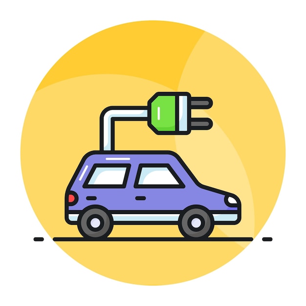 Vehículo con enchufe que denota el vector de coche ecológico en el icono de coche eléctrico de estilo moderno