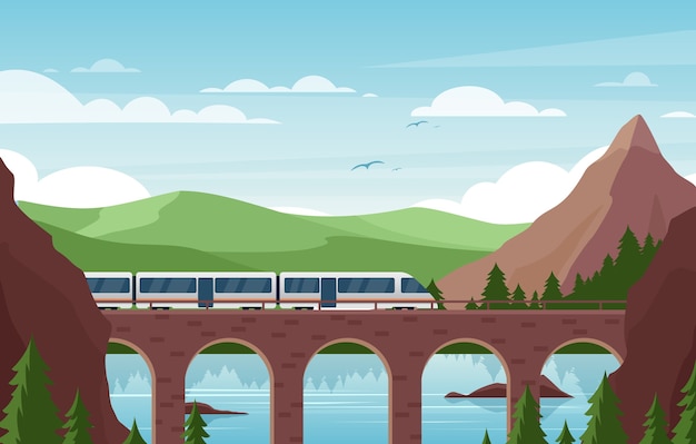 Vector vehículo de ferrocarril moderno en hermosas montañas de paisaje