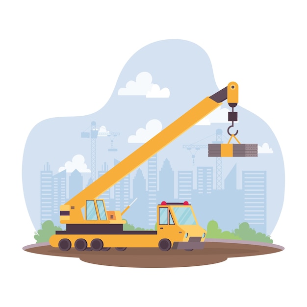 Vehículo de grúa de construcción en el lugar de trabajo, diseño de ilustraciones vectoriales de escena