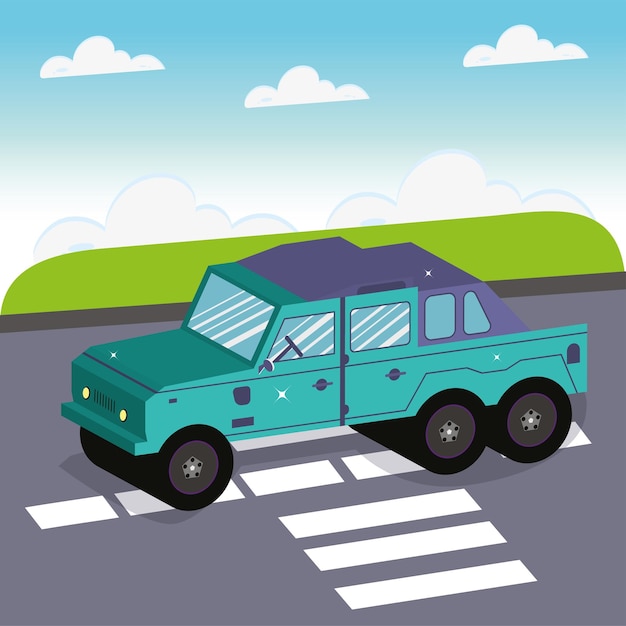 Vehículo jeep azul 3d aislado por la calle Ilustración vectorial