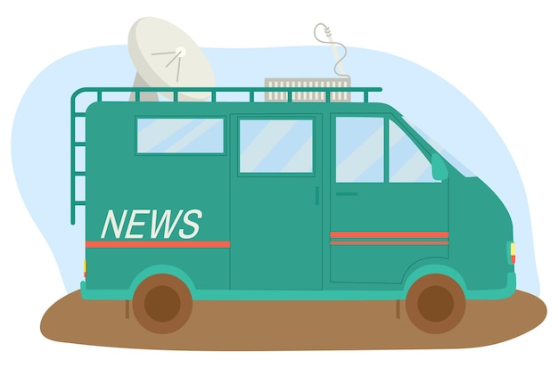 Vehículo minibus canal de noticias vagón de transporte especial antena de satélite equipo de periodismo plano
