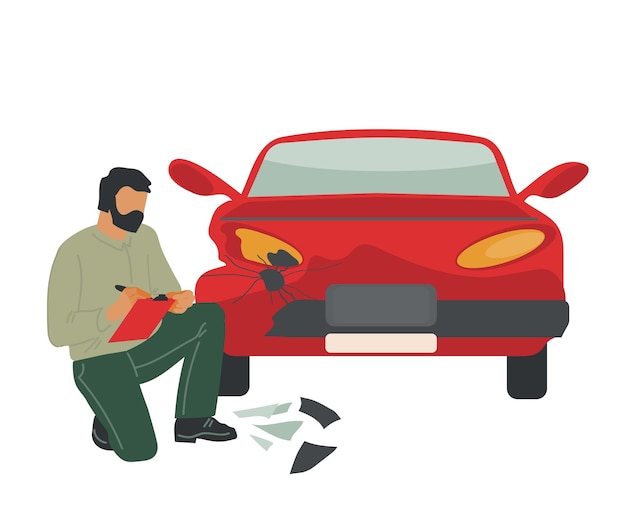 Vehículo de pericia del inspector de seguros o accidentes automovilísticos después de un accidente de tráfico Inspección de daños del automóvil