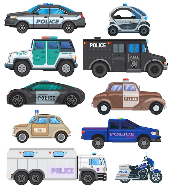 Vector vehículo de la política del automóvil policial y moto o motocicleta del conjunto de ilustración de policía de transporte de policías y furgoneta o camión de auto servicio de policía aislado sobre fondo blanco