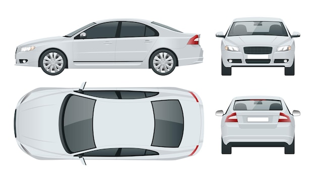 Vector vehículo sedán de negocios. ilustración aislada del vector de plantilla de coche vista frontal, trasera, lateral, superior. cambia el color en un clic.