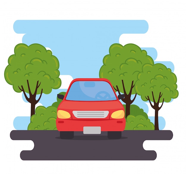 Vehículo sedán rojo en la carretera, con diseño de ilustración de vector de naturaleza de plantas de árbol