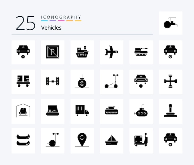Vehículos 25 Paquete de iconos de glifos sólidos que incluye transporte de cañón, no embarcación de despegue