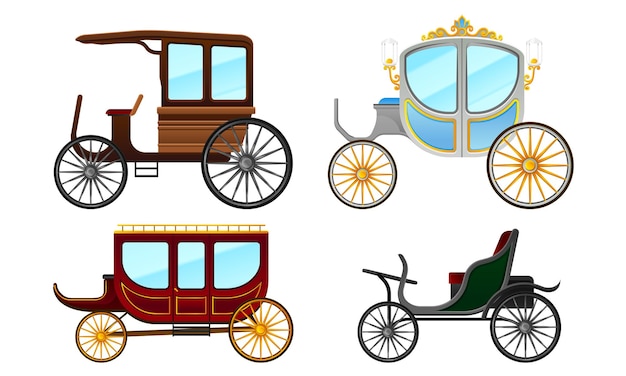 Vehículos antiguos con ruedas viejas Conjunto vectorial Transporte antiguo para viajar aislado sobre fondo blanco