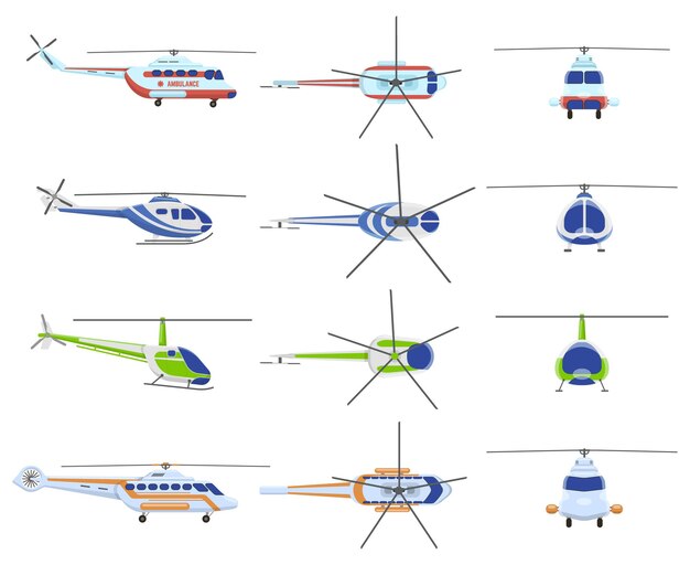 Vehículos de aviones helicópteros. Transporte avia, ciudad urbana, helicóptero de rescate privado y médico.