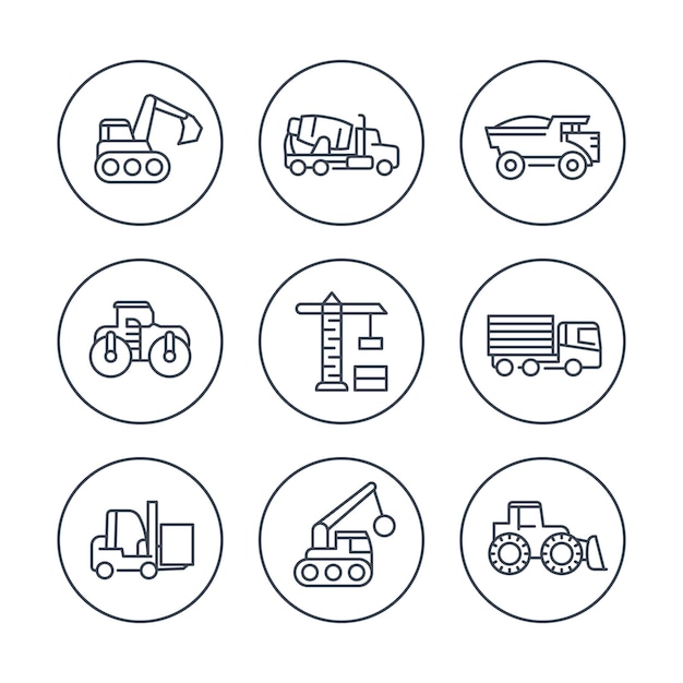 vehículos de construcción íconos de línea en círculos máquinas pesadas equipo de construcción ilustración vectorial