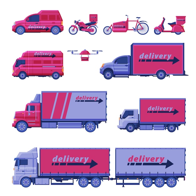Vehículos de entrega Colección Cargo Envío Transporte Scooter Bicicleta Furgoneta Dron Camión Ilustración vectorial plana