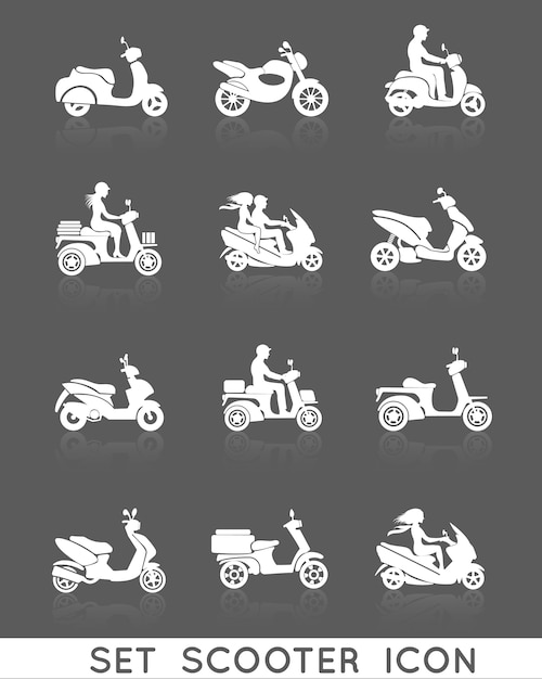 Vehículos de moto scooter blanco con iconos de siluetas de personas establecen ilustración vector aislado