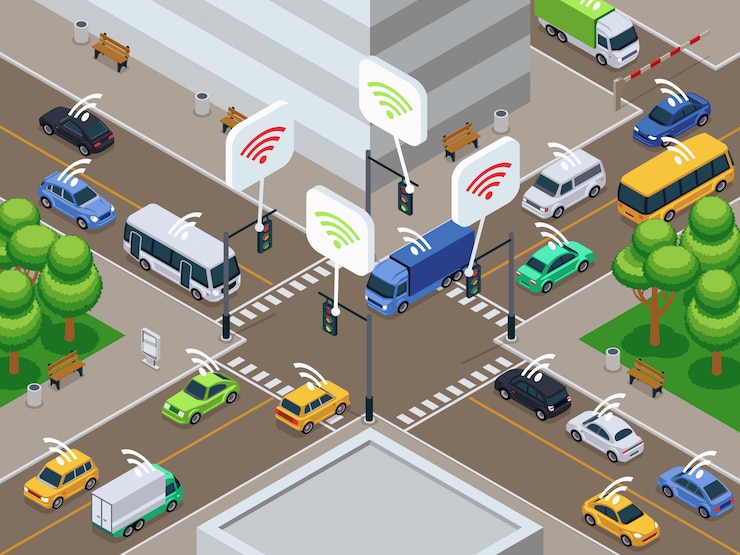 Vector vehículos con sensor infrarrojo. coches inteligentes no tripulados en la ilustración de vector de tráfico de la ciudad