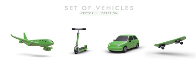 Vehículos terrestres y aéreos Conjunto de imágenes vectoriales 3D de color verde Monopatín de coche de scooter de avión realista con sombras Objetos aislados en vista lateral de movimiento