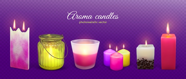 Vela aroma llameante ilustración realista. set de velas aromáticas de cera.