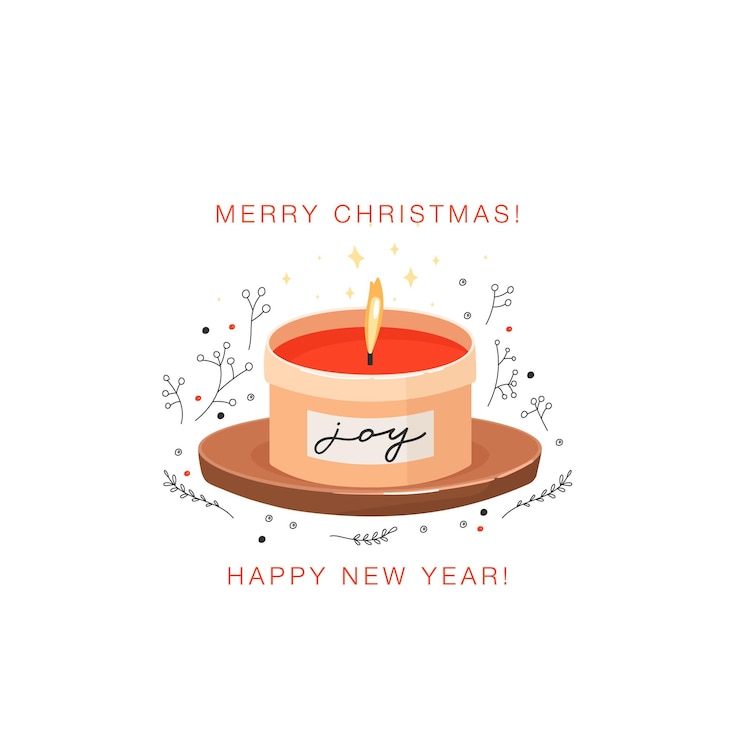 Vector vela aromática ardiente en tarro tarjeta de felicitación de navidad y feliz año nuevo