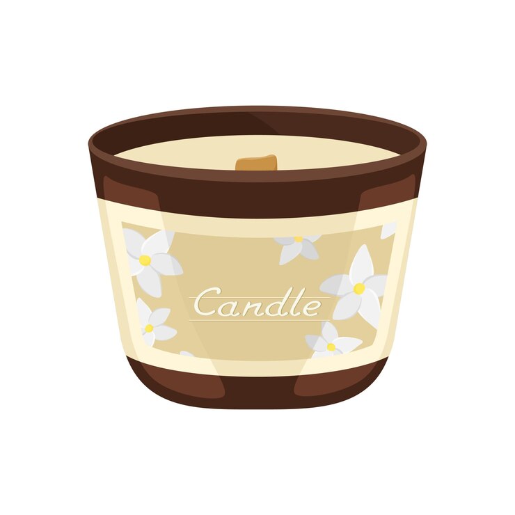 Vector vela aromática para el hogar vidrio marrón aromaterapia decoración icono flores blancas vector plano