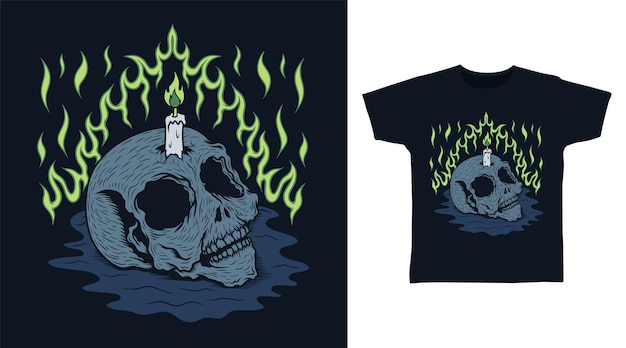 Vela en cabeza de calavera con camisetas de fuego y conceptos de diseño de prendas de vestir