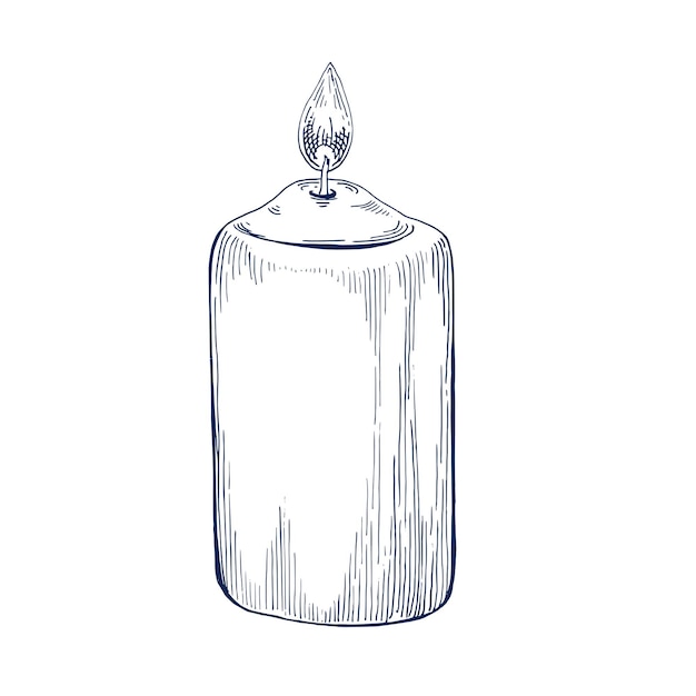 Vela de cera ardiente dibujada a mano Ilustración vectorial aislada Vela de Navidad con llama Grabado