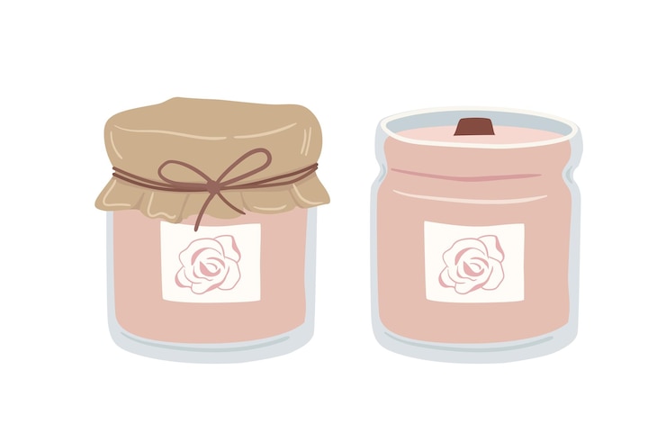 Vector vela de cera perfumada dibujada a mano en un frasco de vidrio con empaque de regalo aislado sobre fondo blanco ilustración de vector de aromaterapia casera relajación y spa olor a rosaxdxa