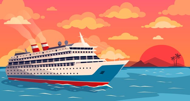 Vela de crucero durante la puesta de sol con ilustraciones vectoriales de colores vibrantes